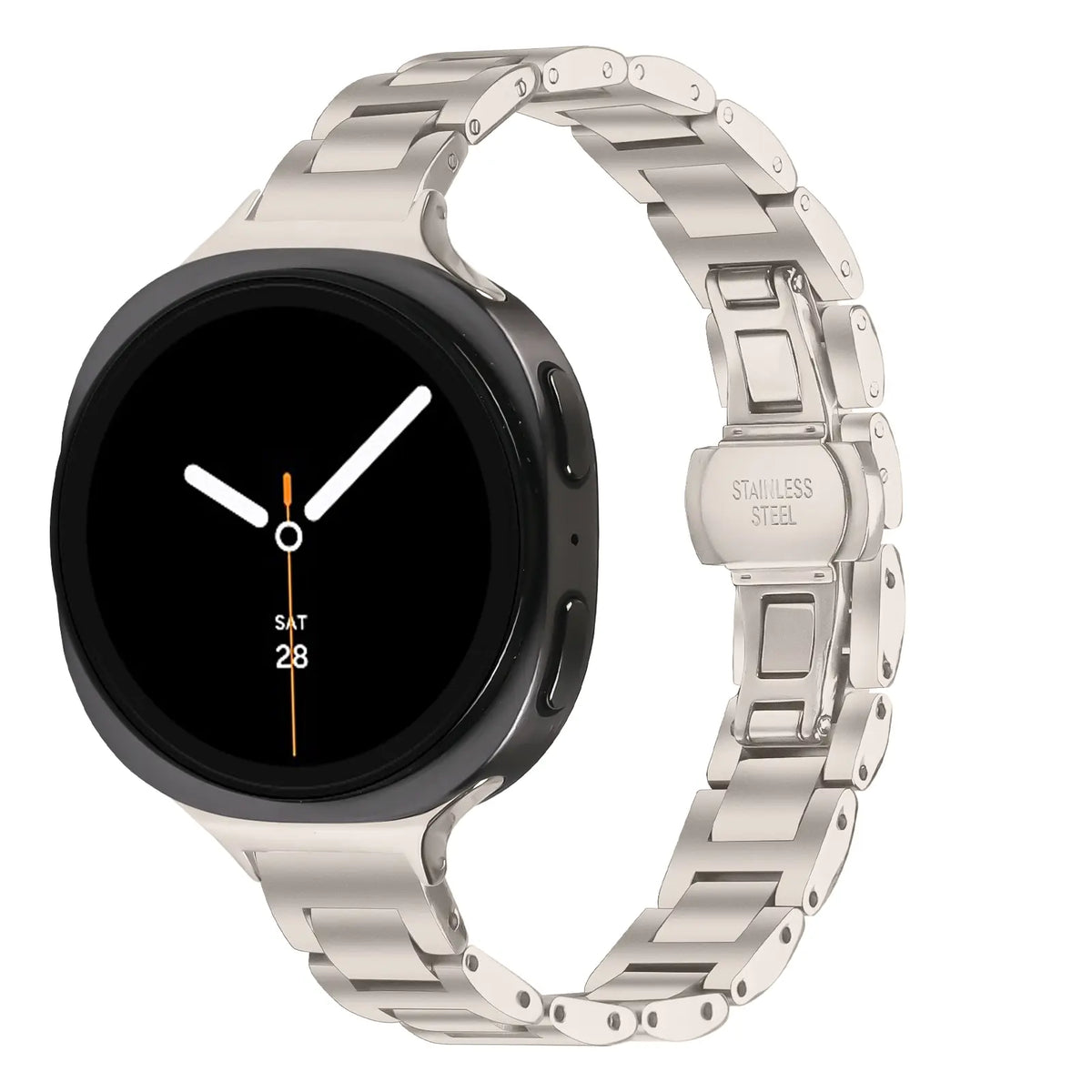 Slimfit Steel Strap, starlight, on a watch, 3/4 front view