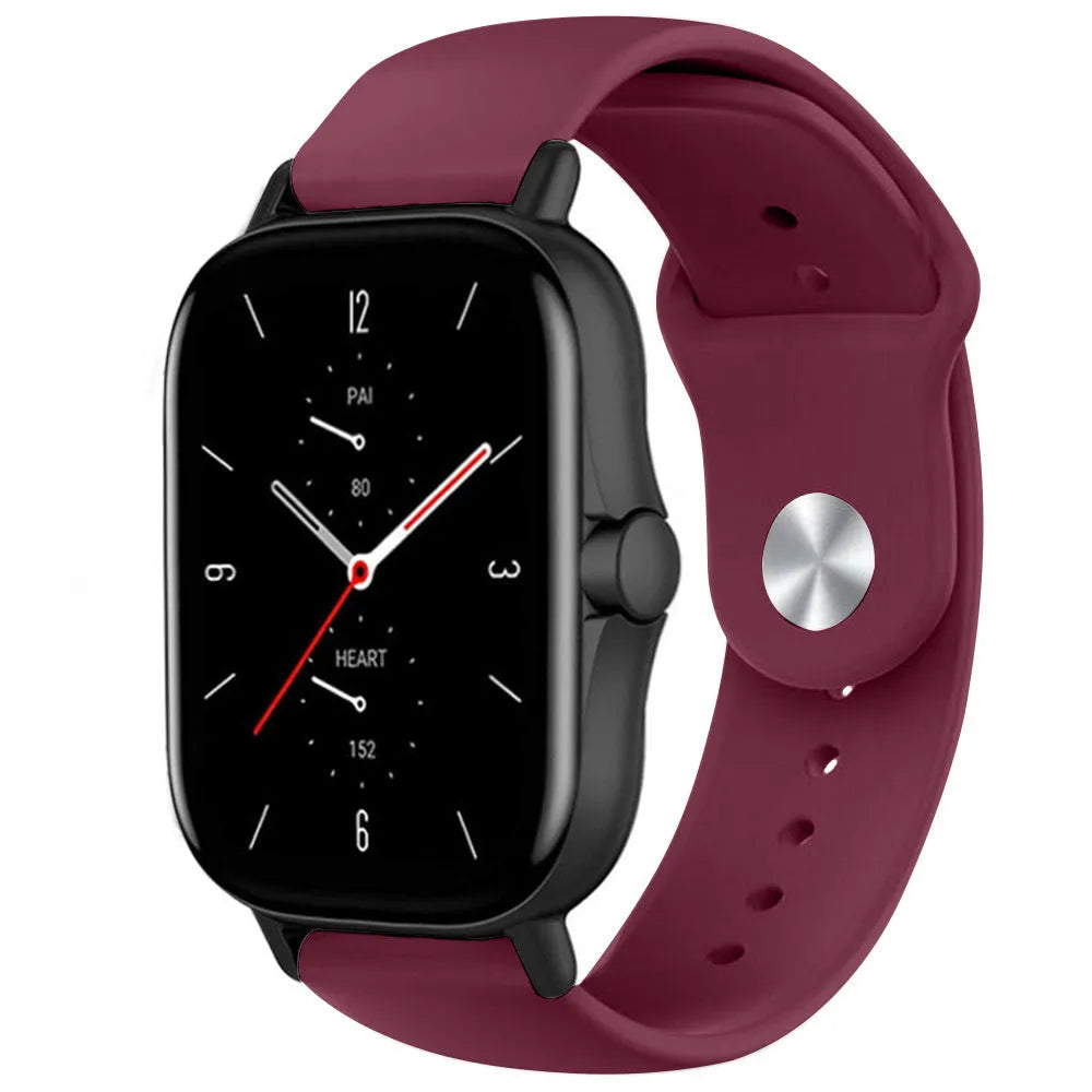 Silicone Sport Strap, burgundy, on a watch, 3/4 front view