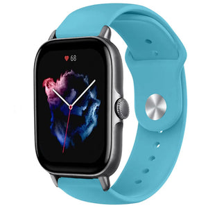 Silicone Sport Strap, light blue, on a watch, 3/4 front view