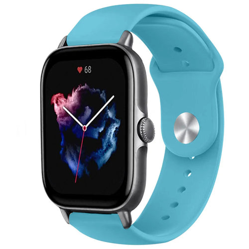 Silicone Sport Strap, light blue, on a watch, 3/4 front view