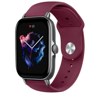 Silicone Sport Strap, burgundy, on a watch, 3/4 front view