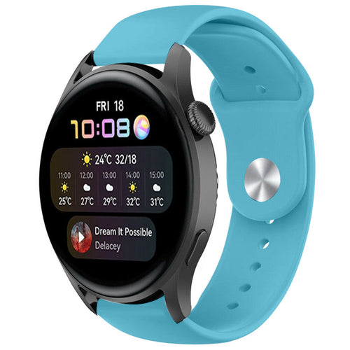 Silicone Sport Strap, light blue, on a watch, 3/4 front view