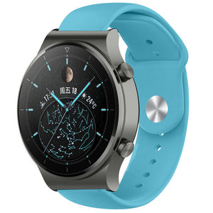 Silicone Sport Strap, light blue, on a watch, 3/4 front view