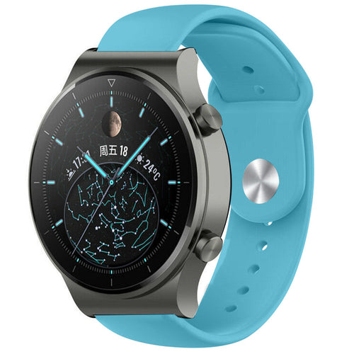 Silicone Sport Strap, light blue, on a watch, 3/4 front view