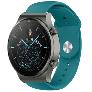 Silicone Sport Strap, green-blue, on a watch, 3/4 front view