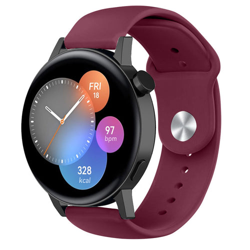 Silicone Sport Strap, burgundy, on a watch, 3/4 front view