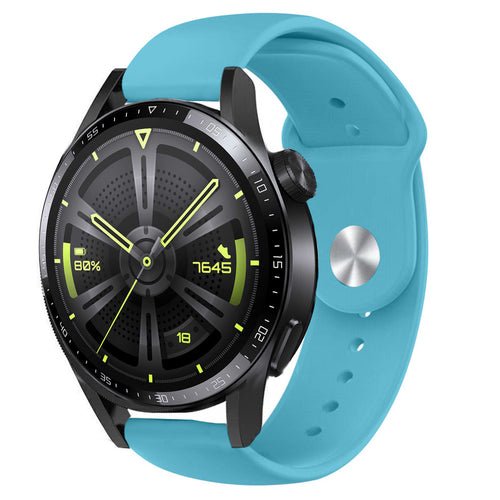 Silicone Sport Strap, light blue, on a watch, 3/4 front view