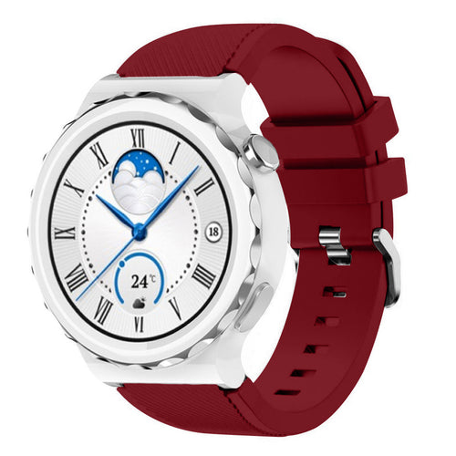 Twill Silicone Strap, burgundy, on a watch, 3/4 front view