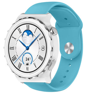 Silicone Sport Strap, light blue, on a watch, 3/4 front view