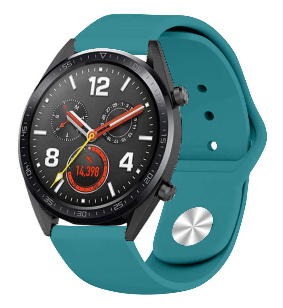 Silicone Sport Strap, green-blue, on a watch, 3/4 front view