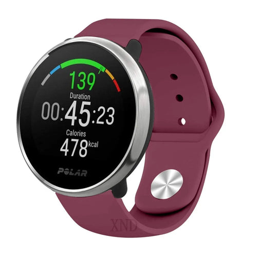 Silicone Sport Strap, burgundy, on a watch, 3/4 front view