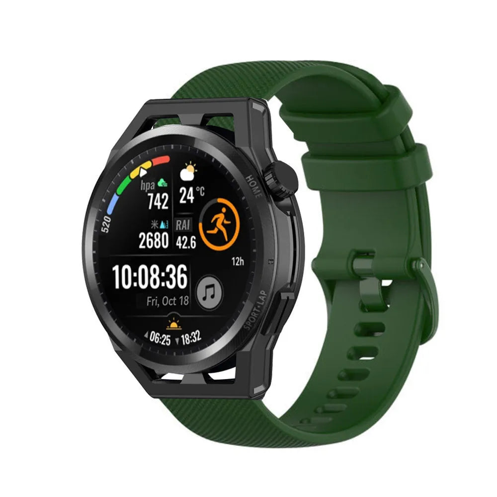 Premium Silicone Strap, army green, on a watch, 3/4 front view