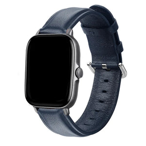 Leather Strap, dark blue, on a watch, 3/4 front view