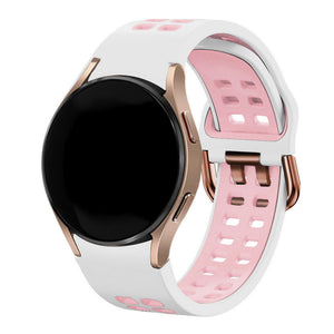 Silicone Squared Sport Strap, white/pink, on a watch, 3/4 front view