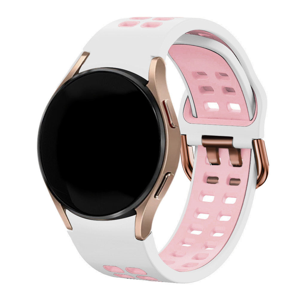 Silicone Squared Sport Strap, white/pink, on a watch, 3/4 front view