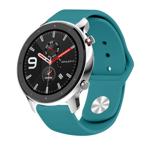 Silicone Sport Strap, green-blue, on a watch, 3/4 front view