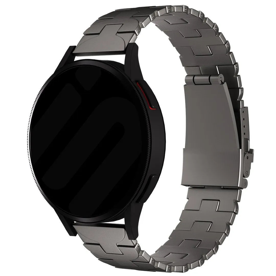 Butterfly Titanium Strap, graphite, on a watch, 3/4 front view