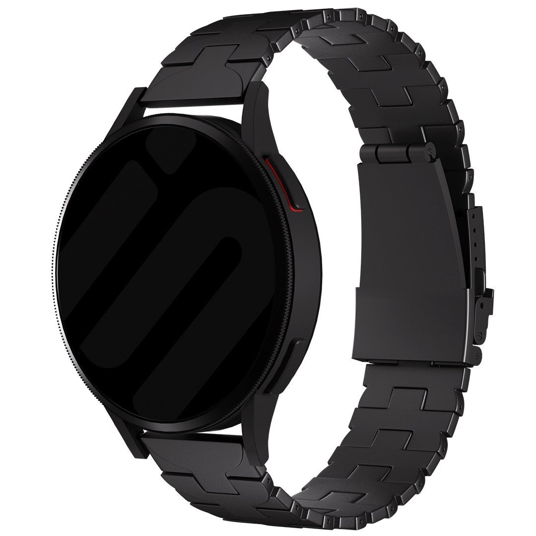 Butterfly Titanium Strap, black, on a watch, 3/4 front view