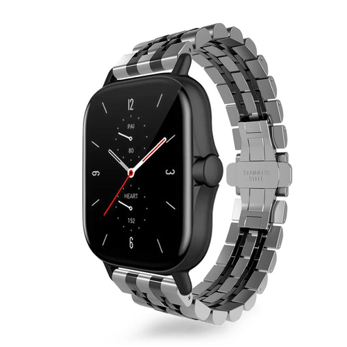 Steel Link Strap 'Duo', silver/black, on a watch, 3/4 front view