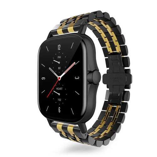 Steel Link Strap 'Duo', black/gold, on a watch, 3/4 front view