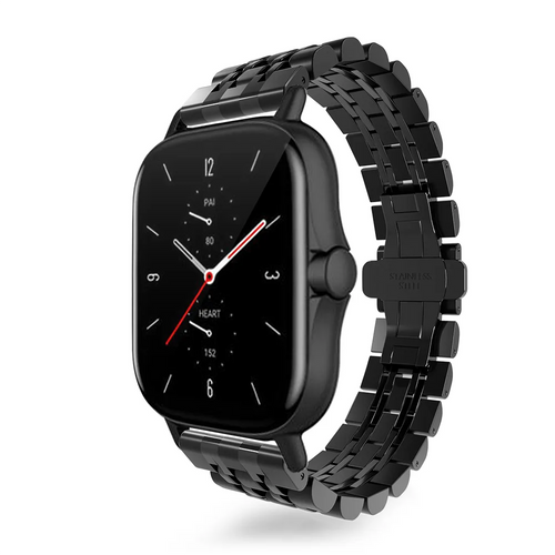 Steel Link Strap 'Duo', black, on a watch, 3/4 front view