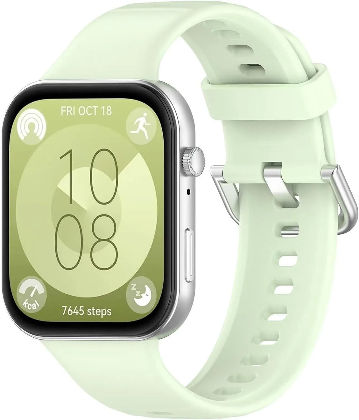 Silicone Strap, light green, on a watch, 3/4 front view