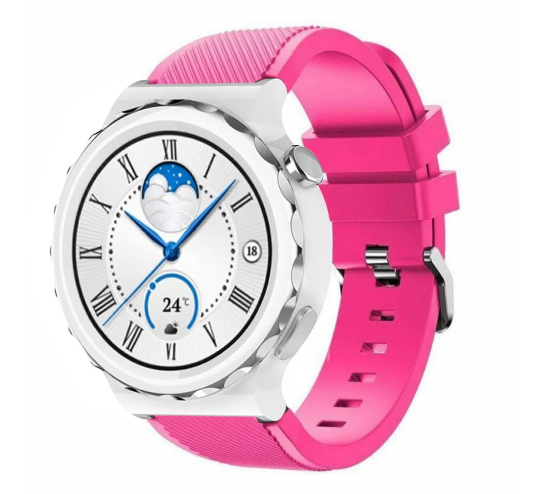 Twill Silicone Strap, bright pink, on a watch, 3/4 front view