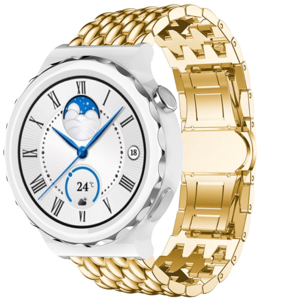Steel Dragon Strap, gold, on a watch, 3/4 front view