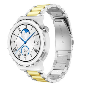 Steel Strap, silver/gold, on a watch, 3/4 front view