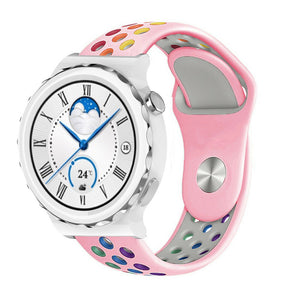 Silicone Sport Strap, pink/colourful, on a watch, 3/4 front view