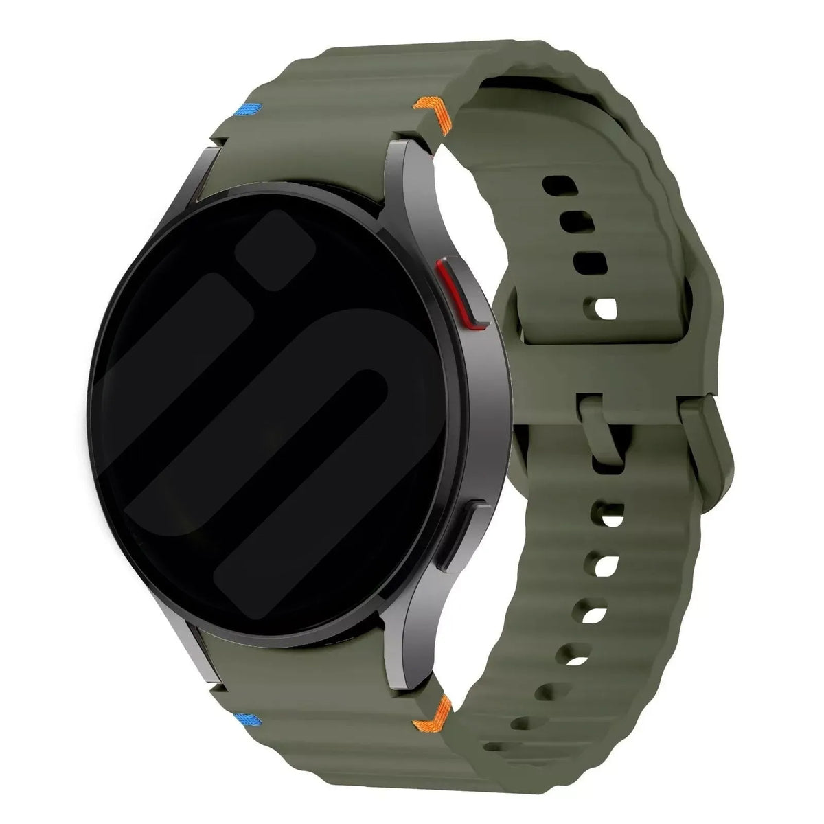 Wave Silicone Strap, army green, on a watch, 3/4 front view