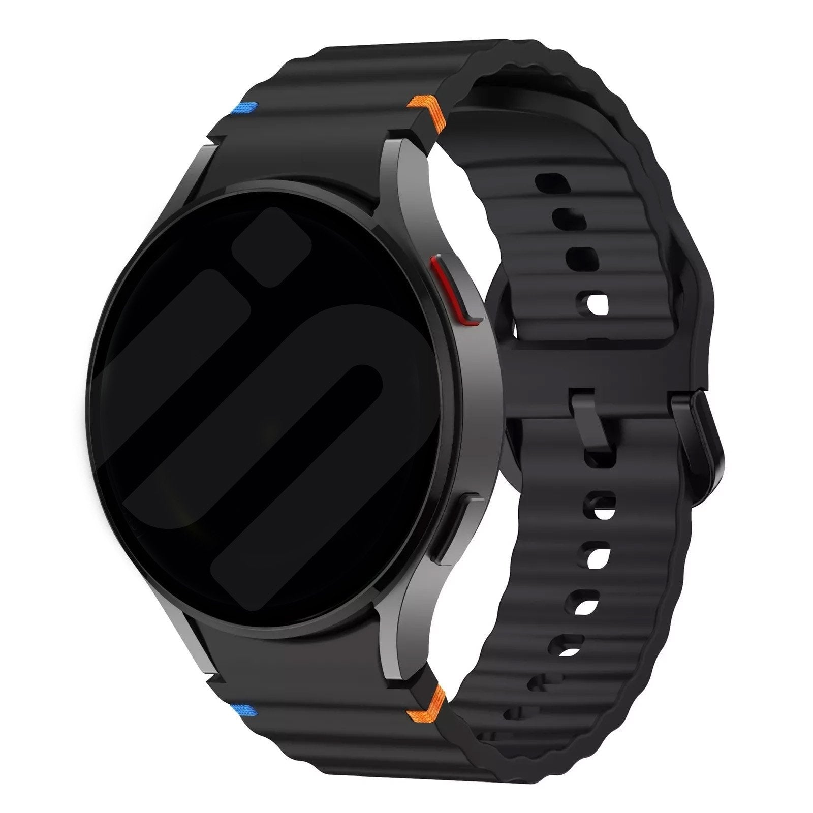 Wave Silicone Strap, black, on a watch, 3/4 front view