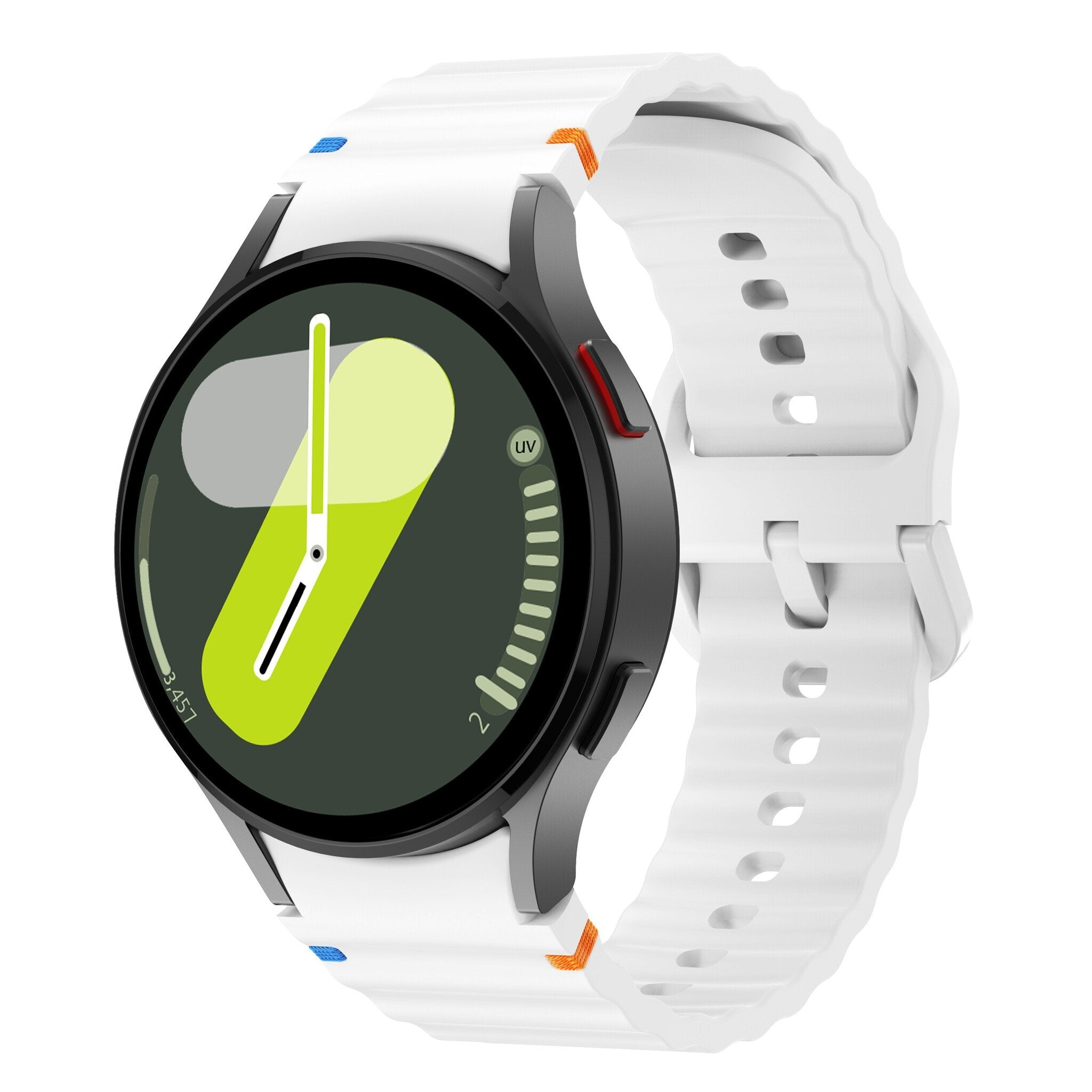 Wave Silicone Strap, white, on a watch, 3/4 front view