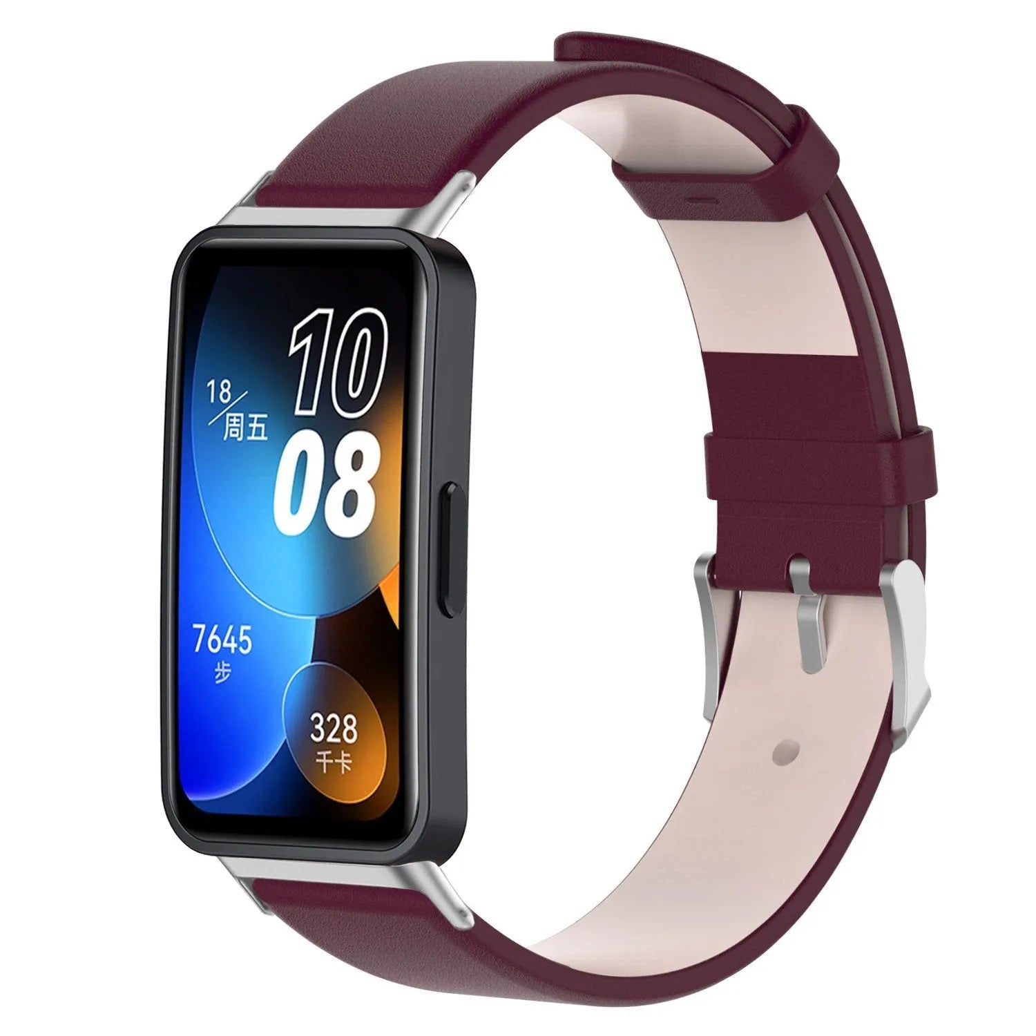 Leather Strap, wine red, on a watch, 3/4 front view