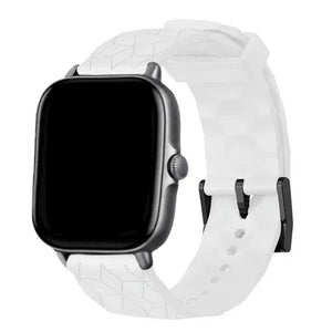 Silicone Strap Hexagons, white, on a watch, 3/4 front view