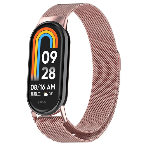 Milanese Strap, pink, on a watch, 3/4 front view