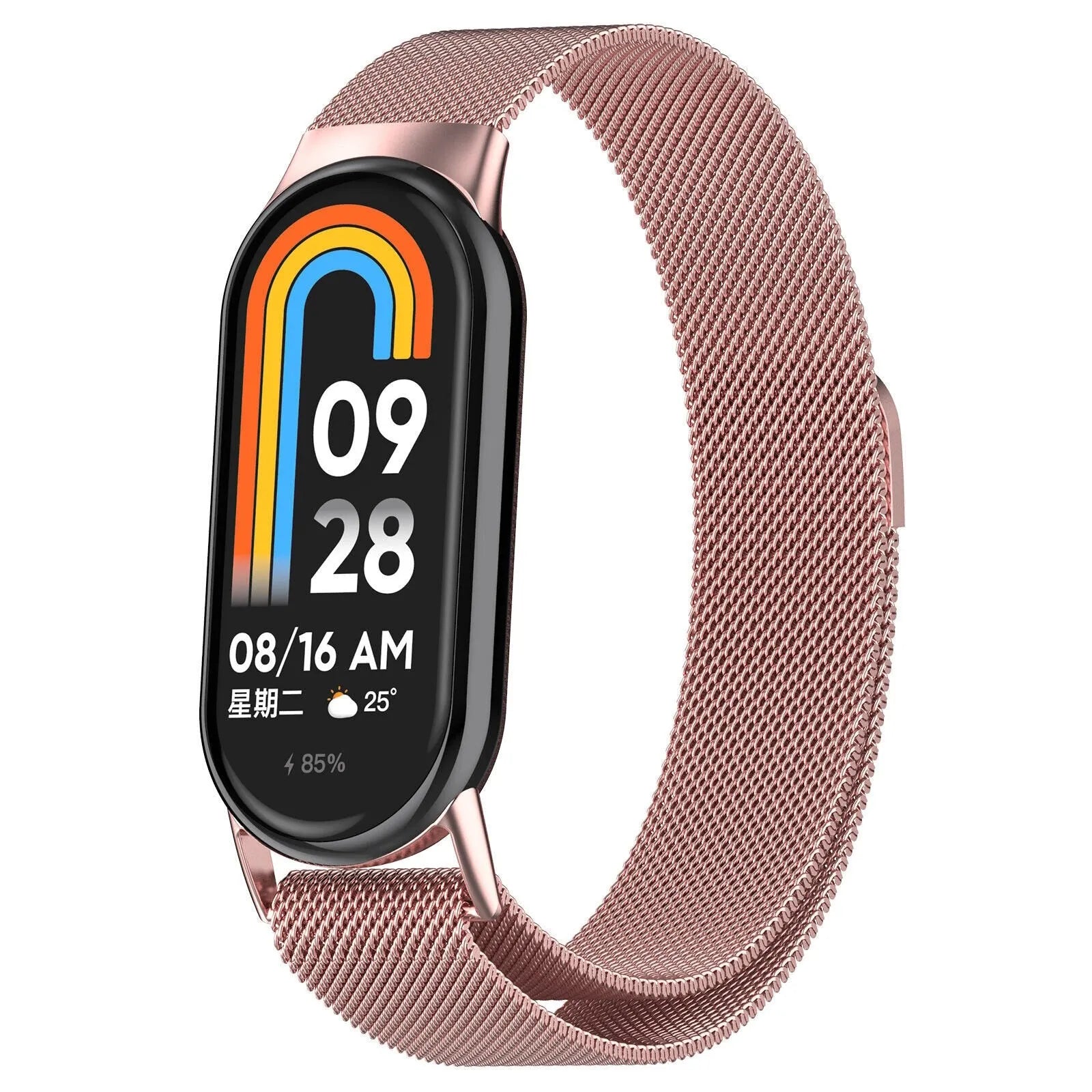 Milanese Strap, pink, on a watch, 3/4 front view