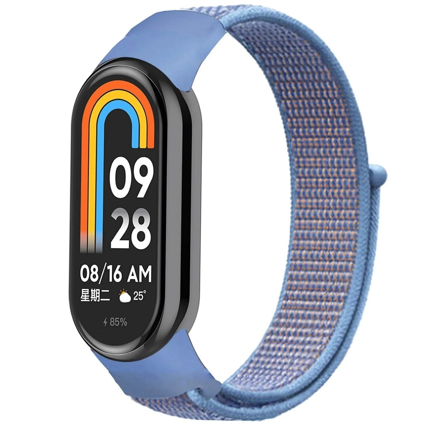 Nylon Strap, light blue, on a watch, 3/4 front view