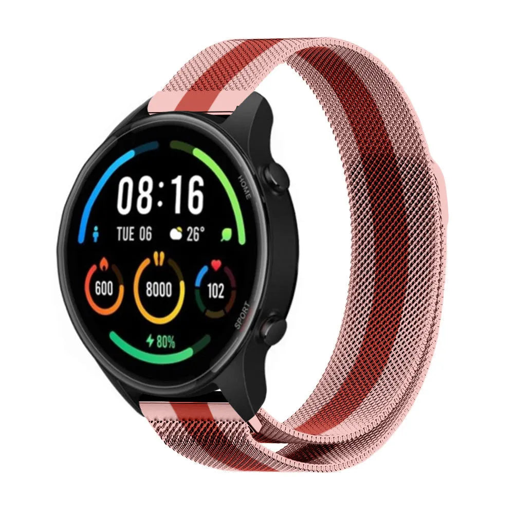 Milanese Strap, red/pink, on a watch, 3/4 front view