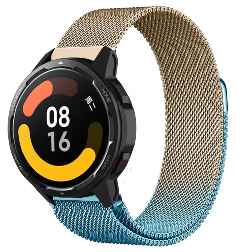 Milanese Strap, blue/gold, on a watch, 3/4 front view