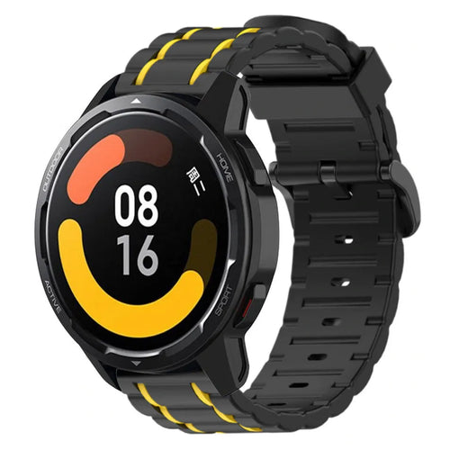 Silicone Sport Strap with Buckle, black/yellow, on a watch, 3/4 front view