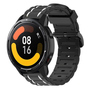 Silicone Sport Strap with Buckle, black/white, on a watch, 3/4 front view
