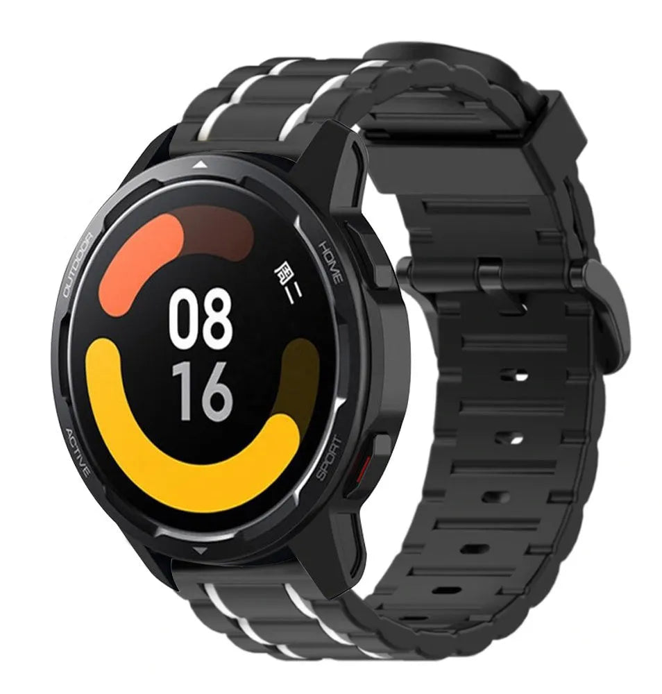 Silicone Sport Strap with Buckle, black/white, on a watch, 3/4 front view