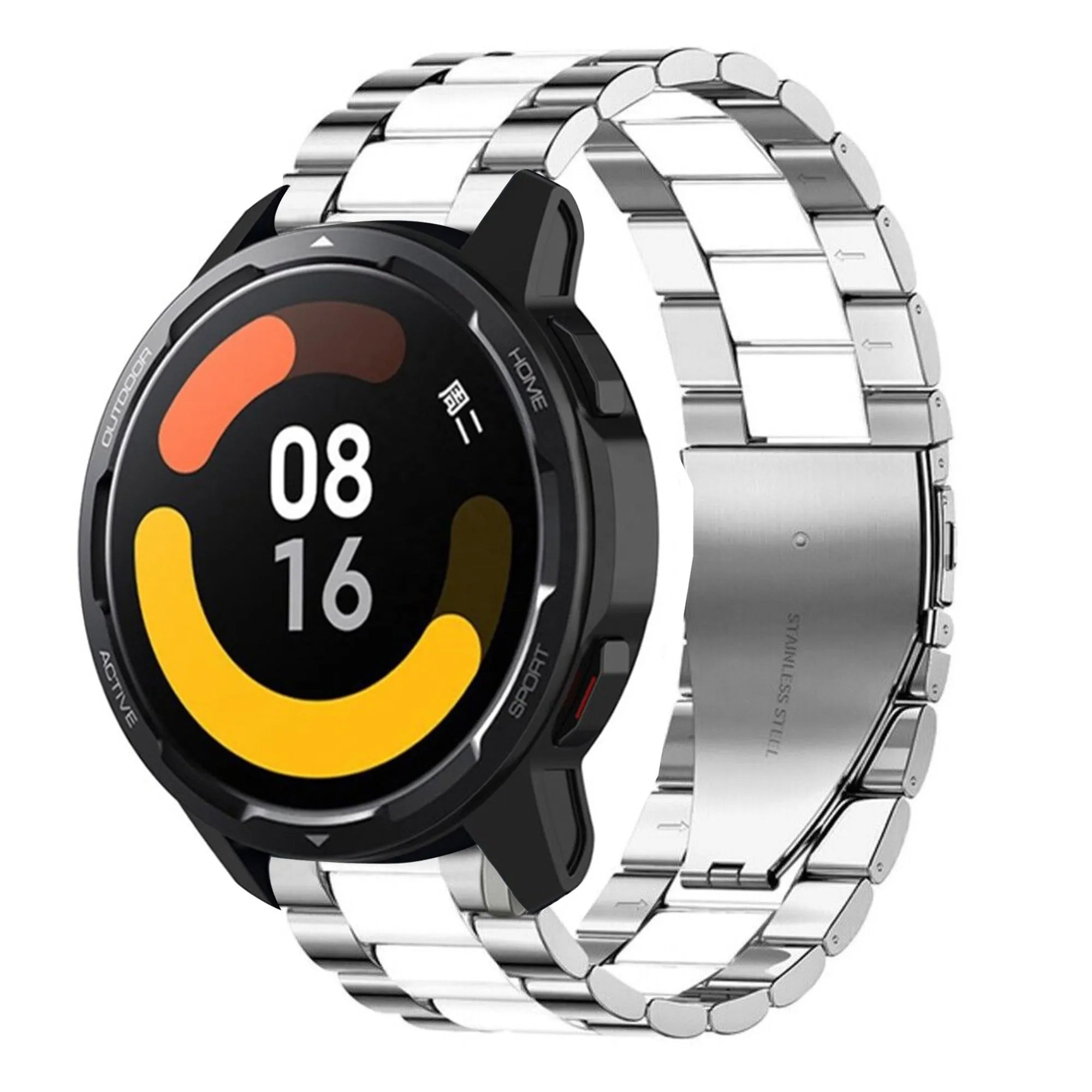 Steel Strap, silver/white, on a watch, 3/4 front view