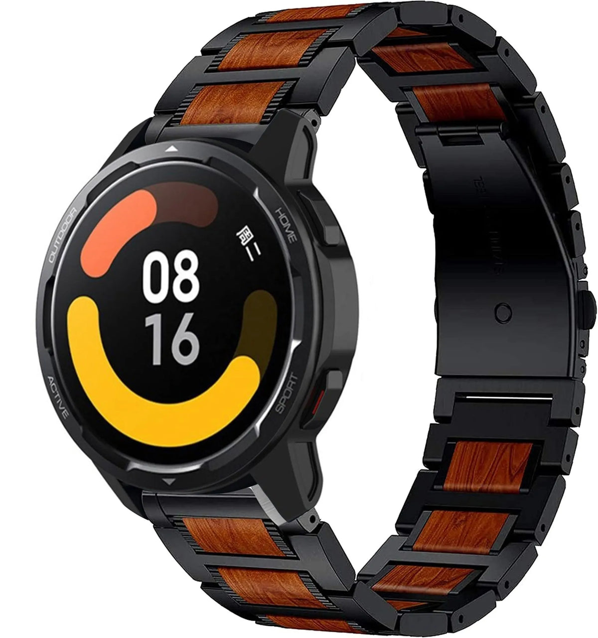 Wood Steel Strap, black, on a watch, 3/4 front view