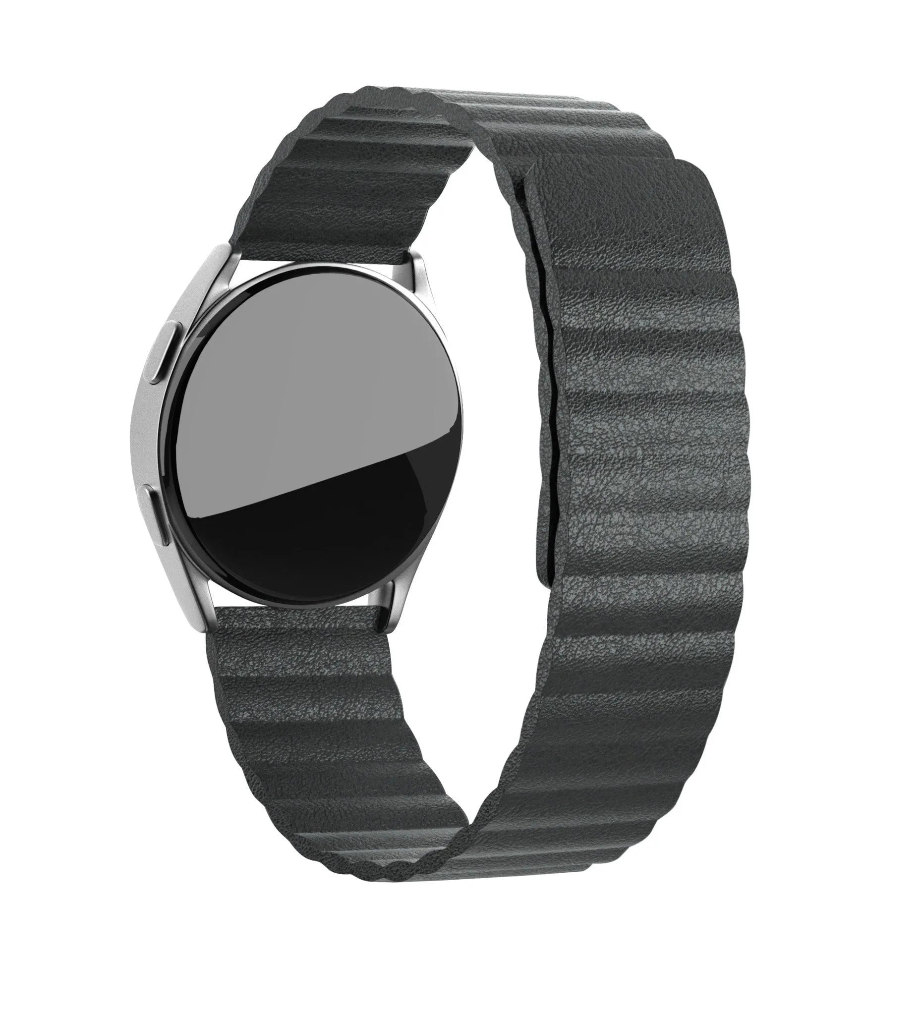 Leather Loop Strap, black, on a watch, 3/4 front view