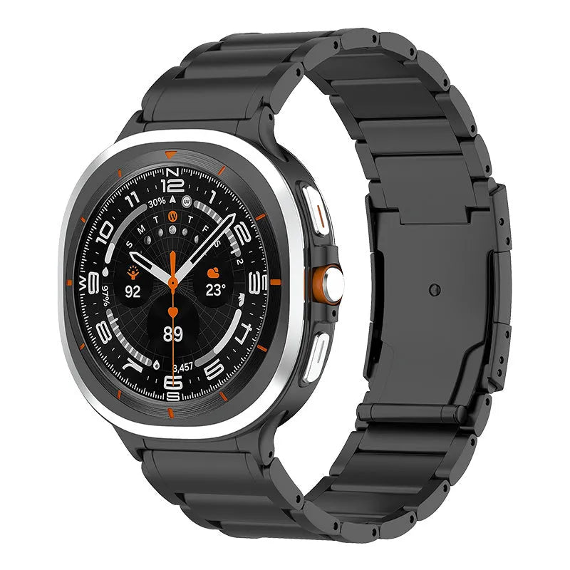 Titanium Strap, black, on a watch, 3/4 front view