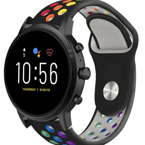 Silicone Sport Strap, black/colourful, on a watch, 3/4 front view