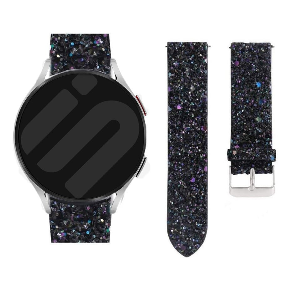 Leather Strap with Glitters, black, on a watch, 3/4 front view