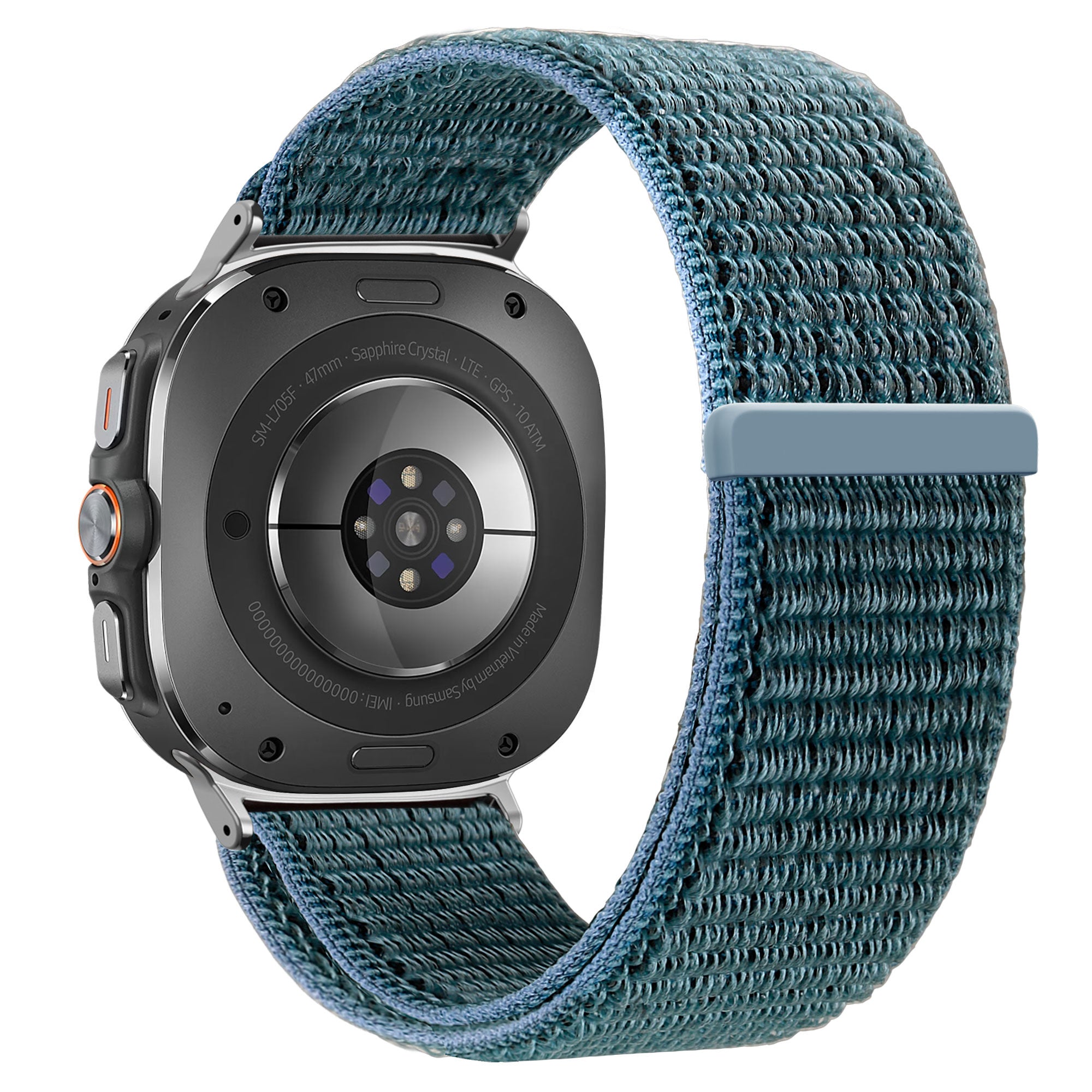 Nylon Loop Strap, blue-green, on a watch, 3/4 rear view